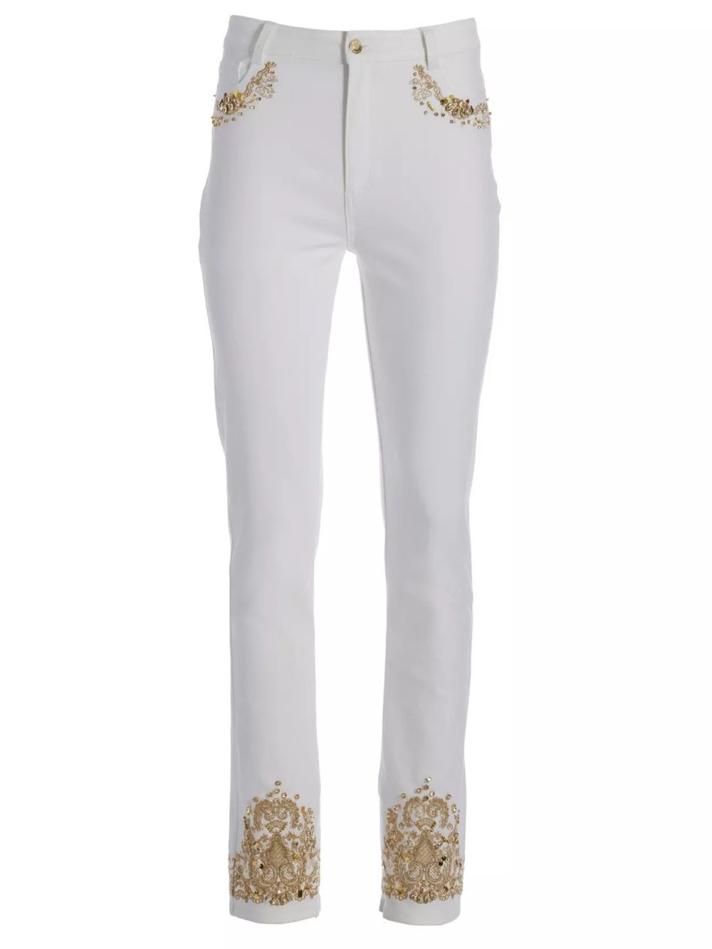 Boston Proper White Straight-Leg Jeans with Gold Embellishment